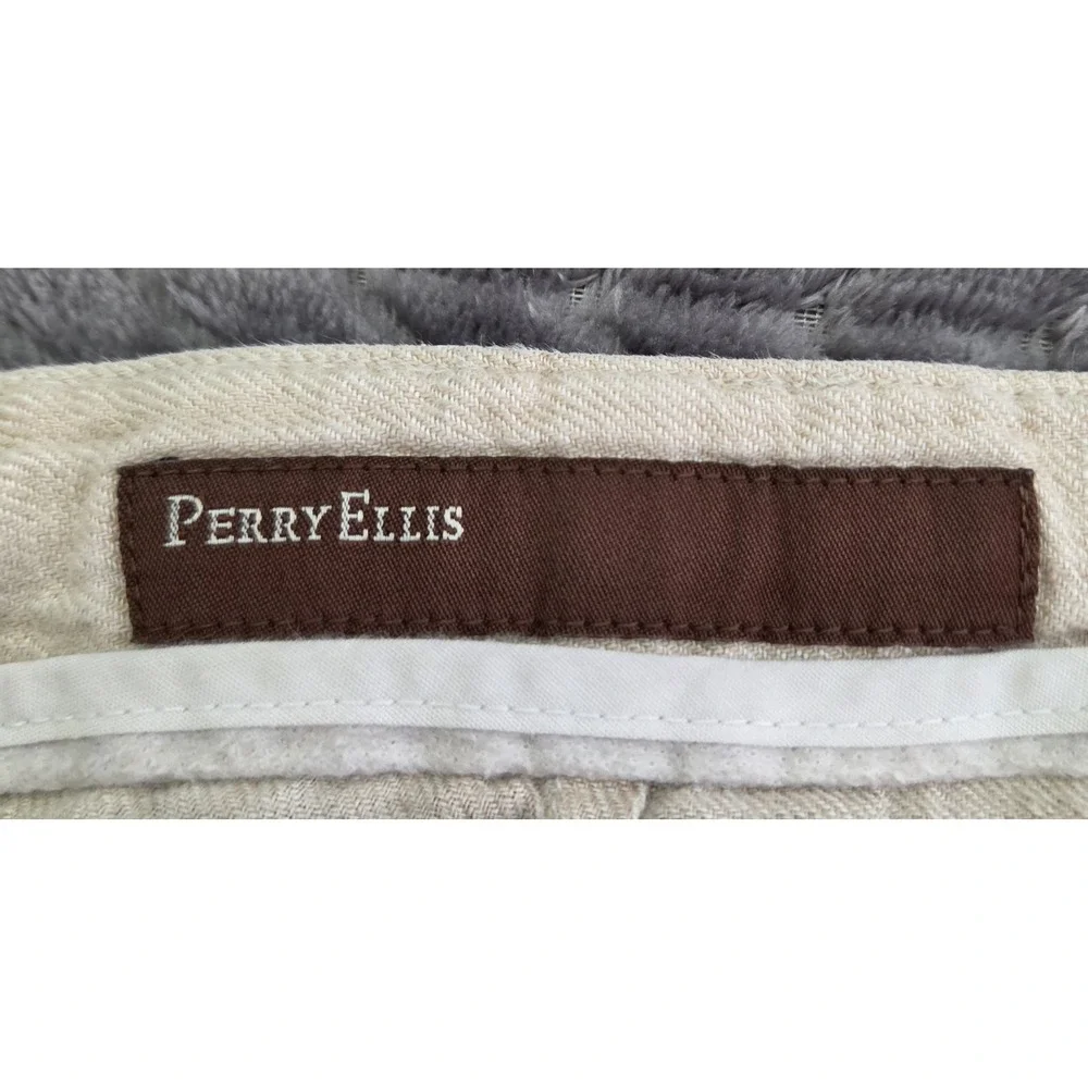 Perry Ellis Men' s 100% Linen Drawstring Trousers Pants Size 36×31.5 Tan Beige